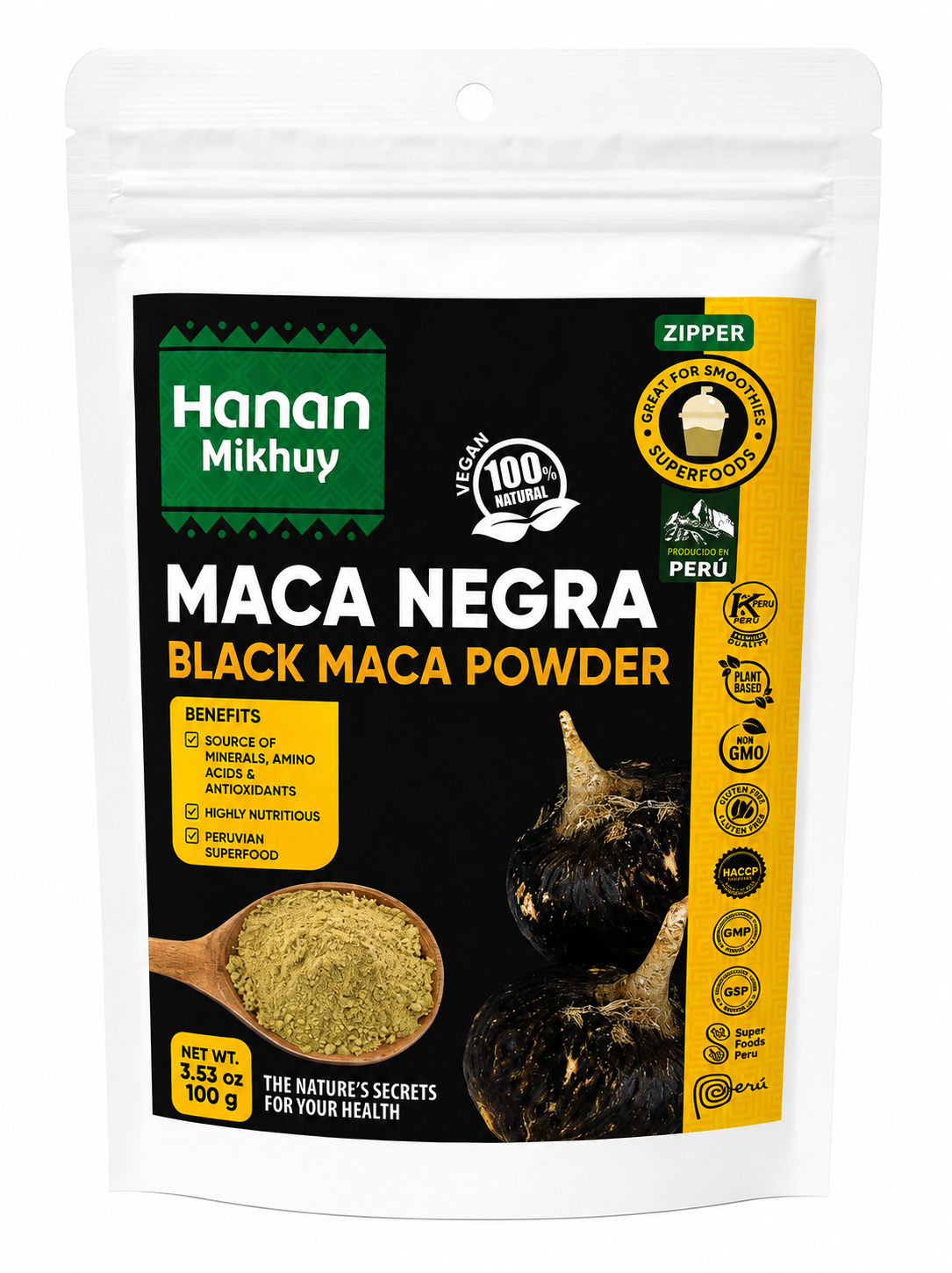 Hanan Mikhuy Maca Negra Molida | Black Maca Powder | Peruvian Superfoods 100% Natural, Vegan, Gluten-free for Smoothies & Recipes | 3.5oz (100g)