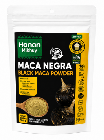 Hanan Mikhuy Maca Negra Molida | Black Maca Powder | Peruvian Superfoods 100% Natural, Vegan, Gluten-free for Smoothies & Recipes | 3.5oz (100g)
