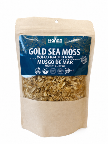 Hanan Gold Sea Moss 2.1oz Musgo 60g Resealable Pouch Wildcrafted Golden Raw Irish Sea Moss Sundried Mineral and Vitamin Rich
